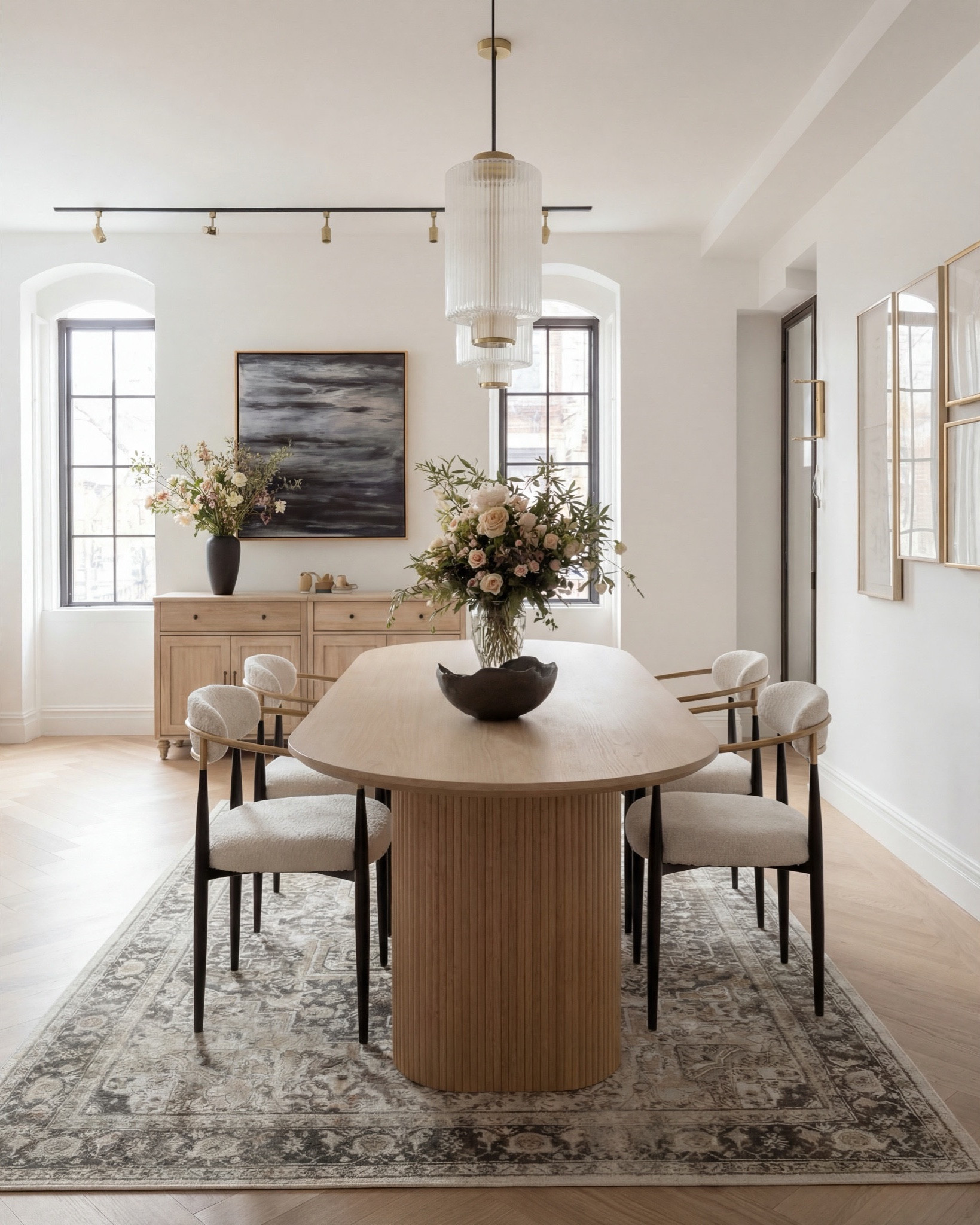✨ Shop the look:
Light oak oval dining table | Ivory boucle dining chairs | Brass and glass ribbed pendants | Vintage taupe and ivory rug | Blonde wood sideboard | Matte black vase | Neutral floral arrangement | Gold-framed wall art | Black metal window frames | Ceramic decor accents

#LTKhome #LTKsale #LTKstyletip