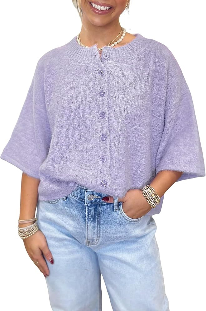 Apvirdy Women's 3/4 Sleeve Knit Top Button Down Sweater Cardigan Solid Color Crewneck Baggy Summe... | Amazon (US)