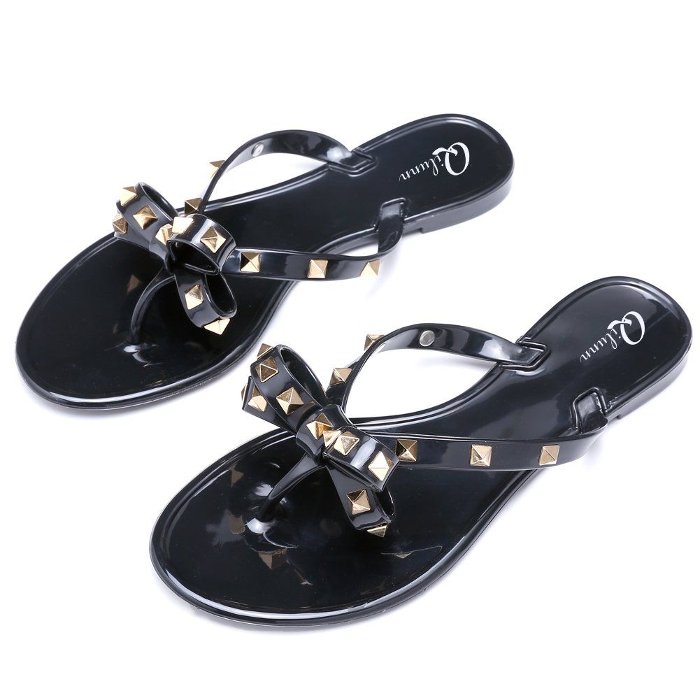 Qilunn Women Studded Bow Flip Flops Jelly Thong Sandals Rubber Flat Summer Beach Rain Shoes | Amazon (US)