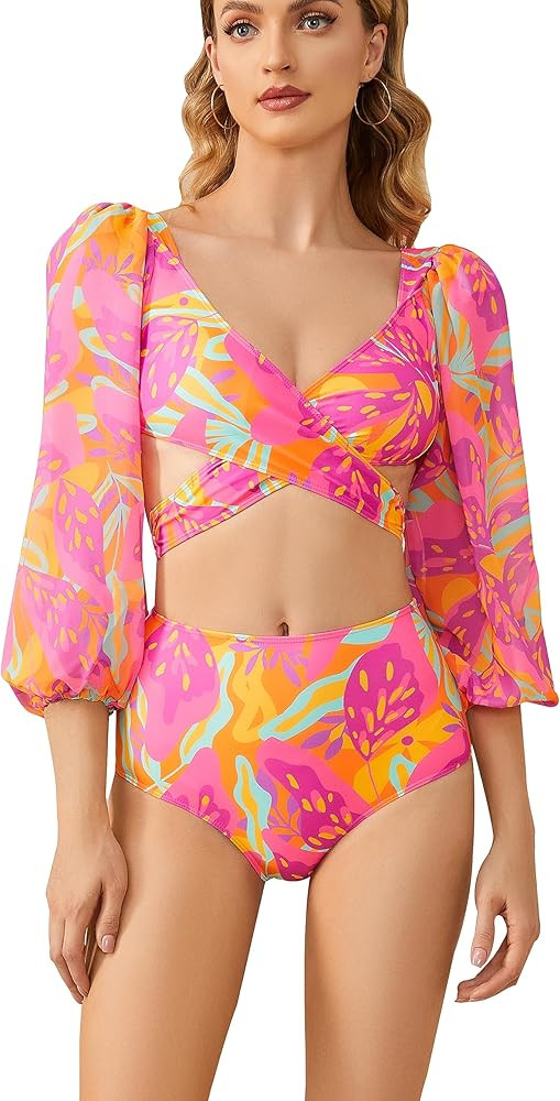 SPORLIKE Women High Waist Swimsuit Chiffon Sleeves Bikini Padded Bathing Suit | Amazon (US)