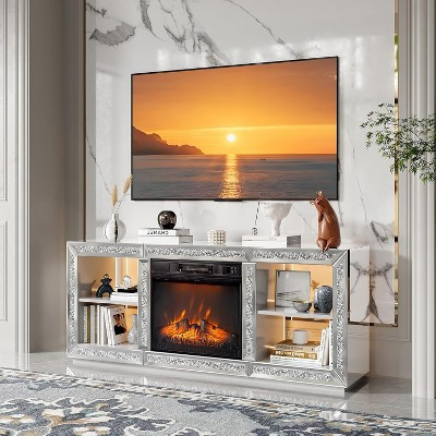 VINGLI Mirrored Fireplace TV Stand with 18'' Electric Fireplace for 70" TV, Diamond Entertainment Center with Shelves ＆LED Lights | Target