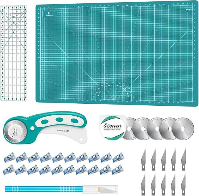 Rotary Cutter Set - Quilting Kit incl. 45mm Fabric Cutter, 5 Replacement Blades, A1 Cutting Mat, ... | Amazon (US)