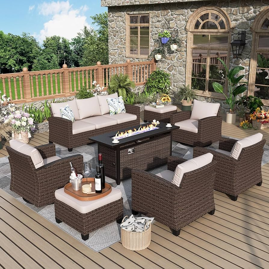 Swivel Glider Patio Furniture Set, 8 Pcs Wicker Rattan Outdoor Conversation Set, 2 x Swivel Chair... | Amazon (US)