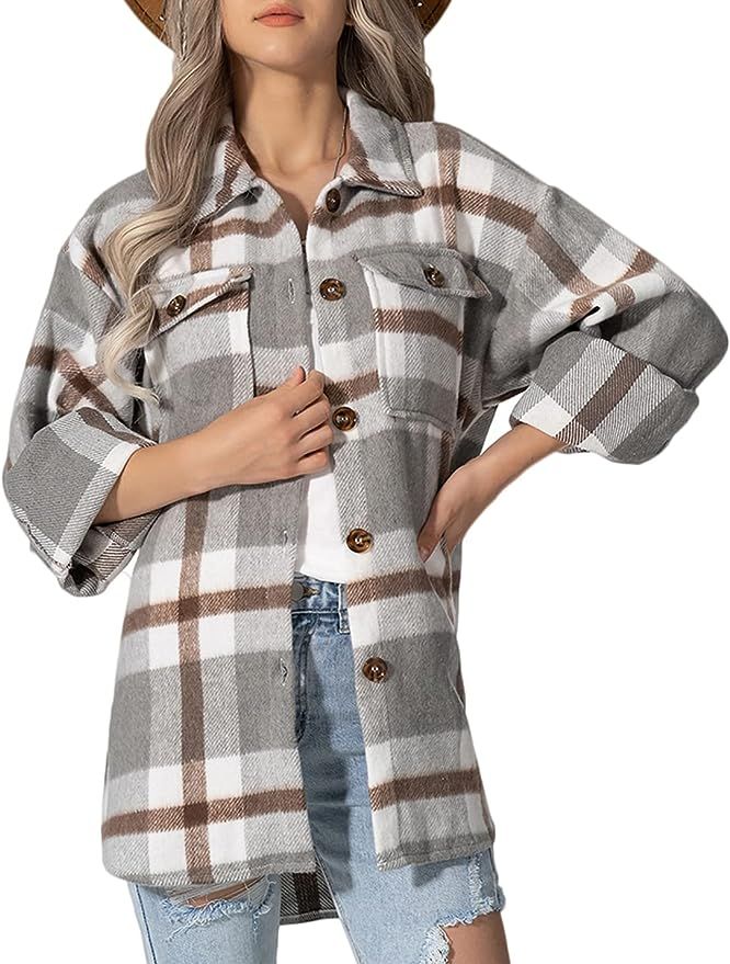 Lviefent Womens Casual Wool Blend Plaid Flannel Shackets Jacket Button Down Shirt Coat | Amazon (US)