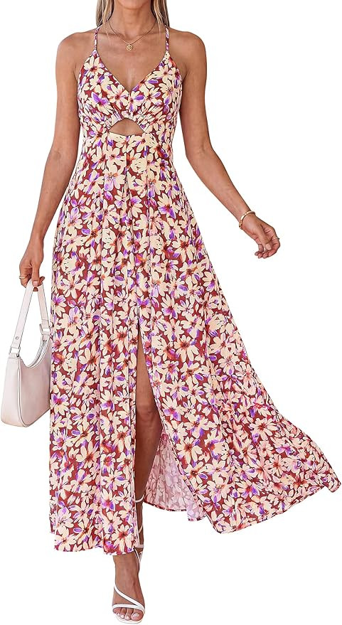 BTFBM Summer Dresses for Women 2026 Spring Floral Spaghetti Strap Smocked Cutout Maxi Dress Resor... | Amazon (US)