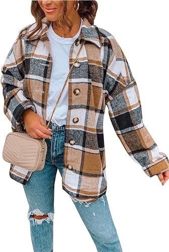 Liengoron Women's Casual Loose Drop Sleeve Button Down Wool Blend Plaid Shirt Jacket Shacket | Amazon (US)