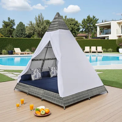 90.5" Outdoor Wicker Sunbed With Tent Curtains & Colorful Pillows - Adjustable Privacy Design, 700 Lb Capacity, Weather-resistant For Poolside, Patio | Wayfair North America