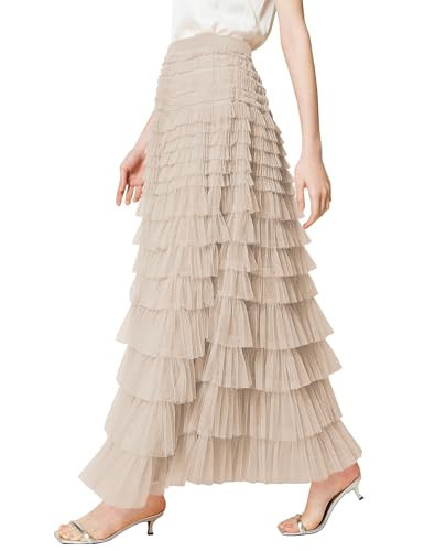 Women's Tulle Maxi Skirt High Waist Elastic Tiered Ruffle A-Line Flowy Party Wedding Guest Skirts Comfortable Daily Wear(Apricot-M) | Amazon (US)