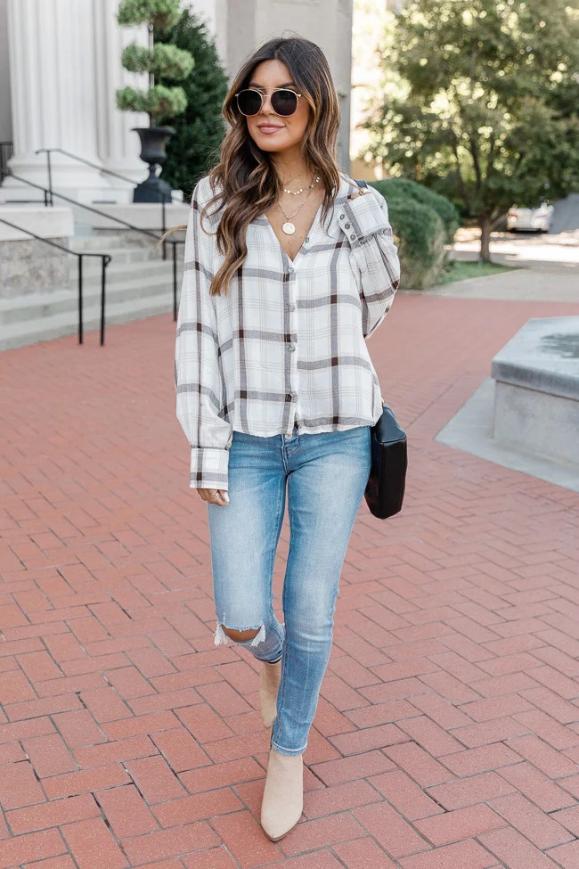 Day Trip White Plaid Blouse | The Pink Lily Boutique