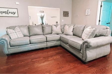Sectional sofa | couch | farmhouse sofa | farmhouse living room decor | Ashley furniture | Olsberg sectional | grey sectional sofa | throw pillows | pillows and decor 

#LTKfamily #LTKSeasonal #LTKhome