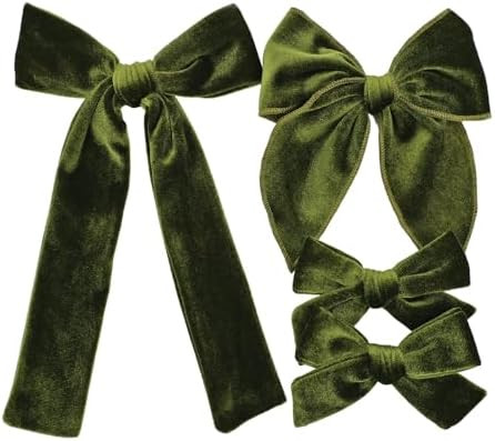 Olive Velvet Bow Hair Clips Bundle for Girl Kids Baby Mom Women Long Tail Fable Knot Bows School ... | Amazon (US)