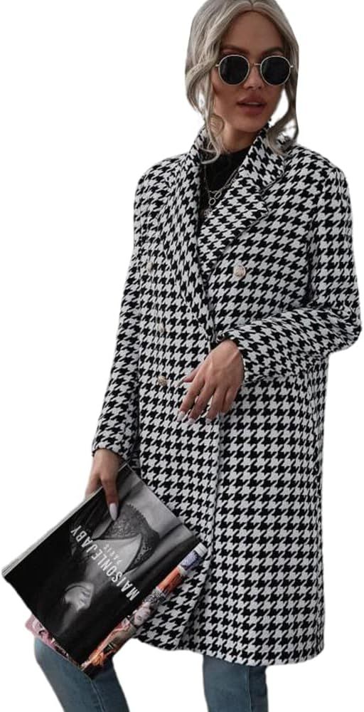 Women Houndstooth Lapel Long Jackets Casual Vintage Elegant Decorative Button Goning Out Coats Lo... | Amazon (CA)