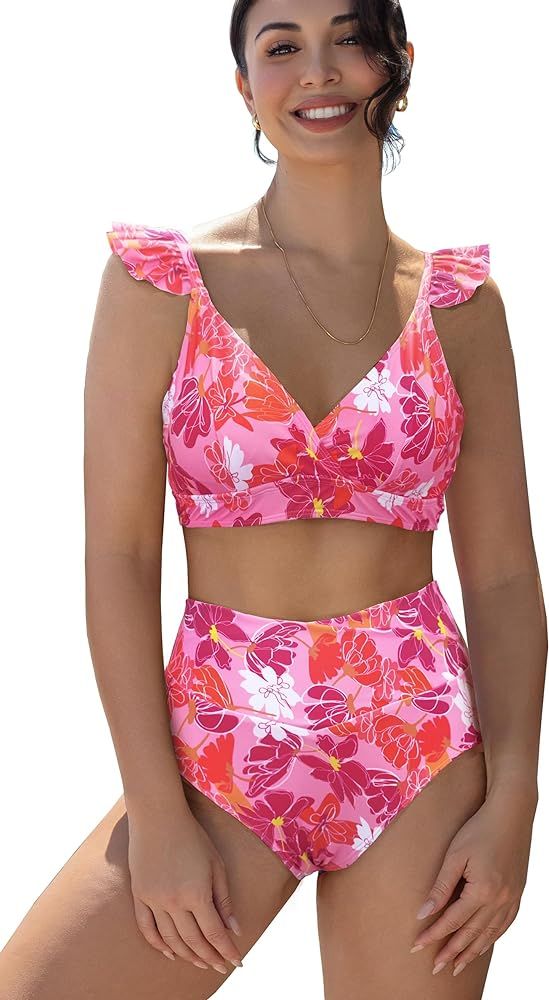 SPORLIKE Women High Waisted Bikini Ruffle Adjustable Swimsuit Padded Bathing Suit | Amazon (US)