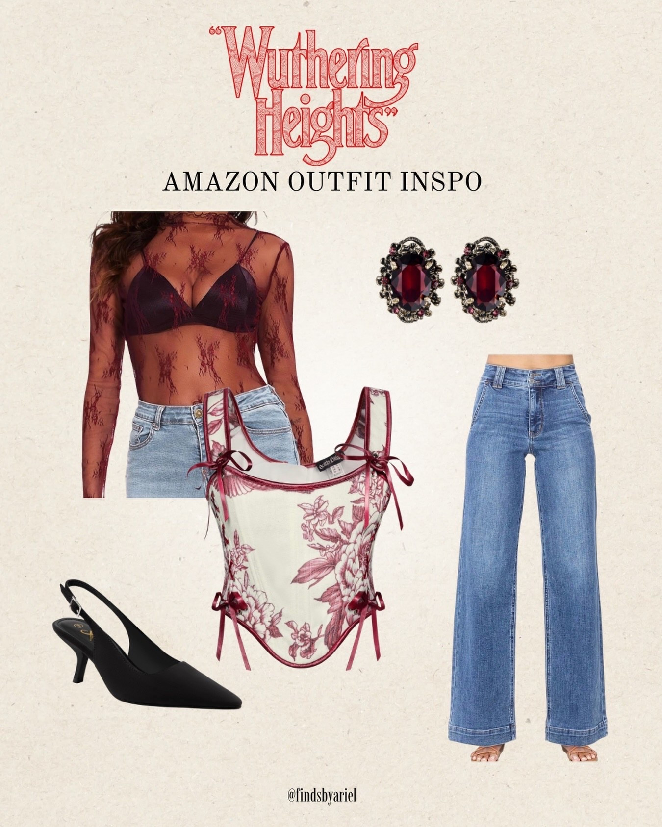 Happy Valentine’s Day! Wuthering Heights inspired date  outfit 🌹

For those of us who prefer Catherine and Heathcliff energy over hearts and flowers. Burgundy sheer lace, corset bodysuit, wide leg denim - all Amazon. 

Dark romance is still romance.

#LTKMidsize #LTKSaleAlert #LTKootd