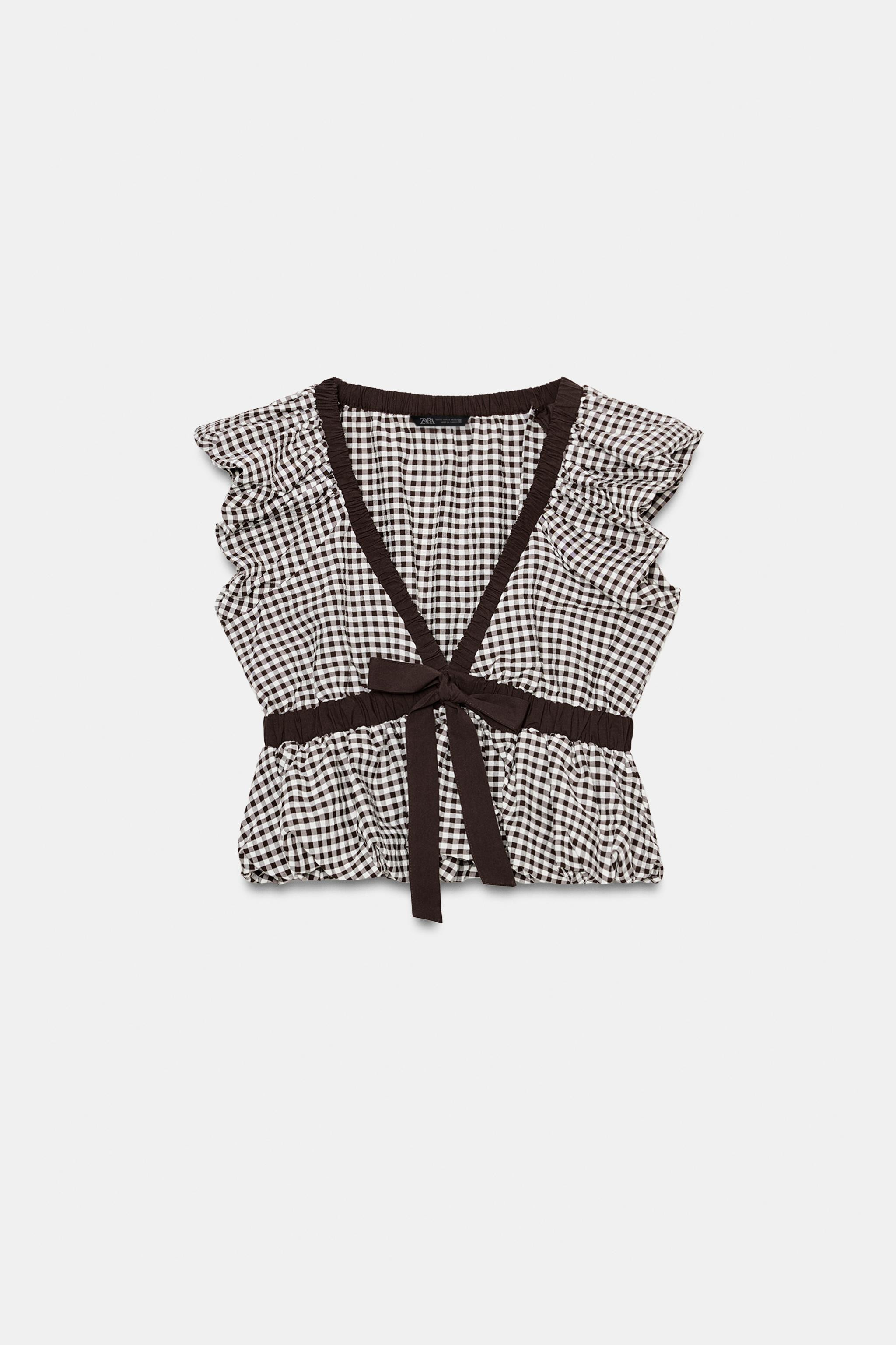 GINGHAM PUFF SLEEVE TOP WITH BOW | Zara UK