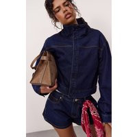 Indigo Funnel Neck Cropped Denim Jacket | PrettyLittleThing UK