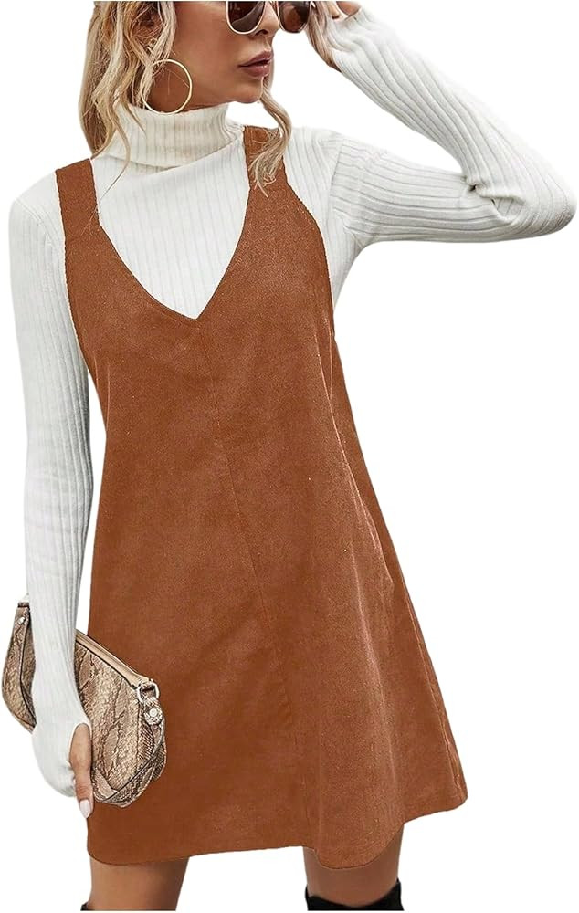 Floerns Women's Casual V Neck A Line Corduroy Pinafore Overall Dress | Amazon (US)