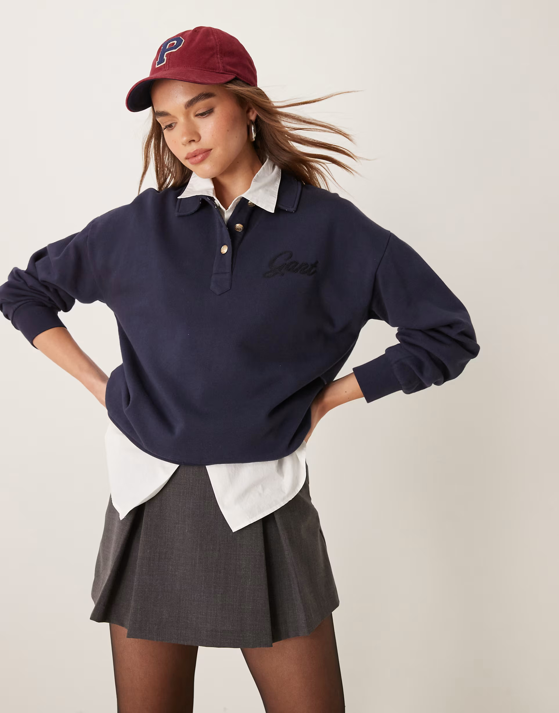 GANT logo polo sweatshirt with tartan collar in navy | ASOS (Global)