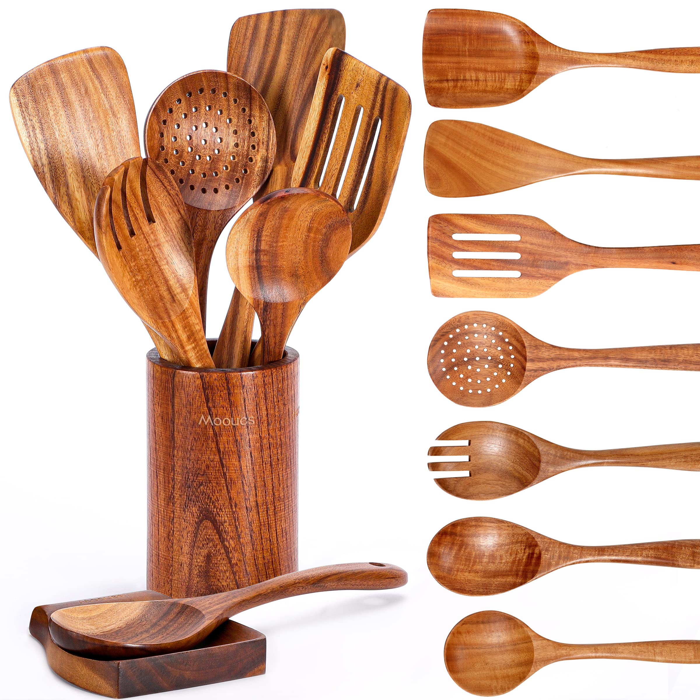 9 Piece Natural Teak Wooden Kitchen Utensil Set with Spoon Rest - Comfort Grip Cooking Spoons and... | Amazon (US)