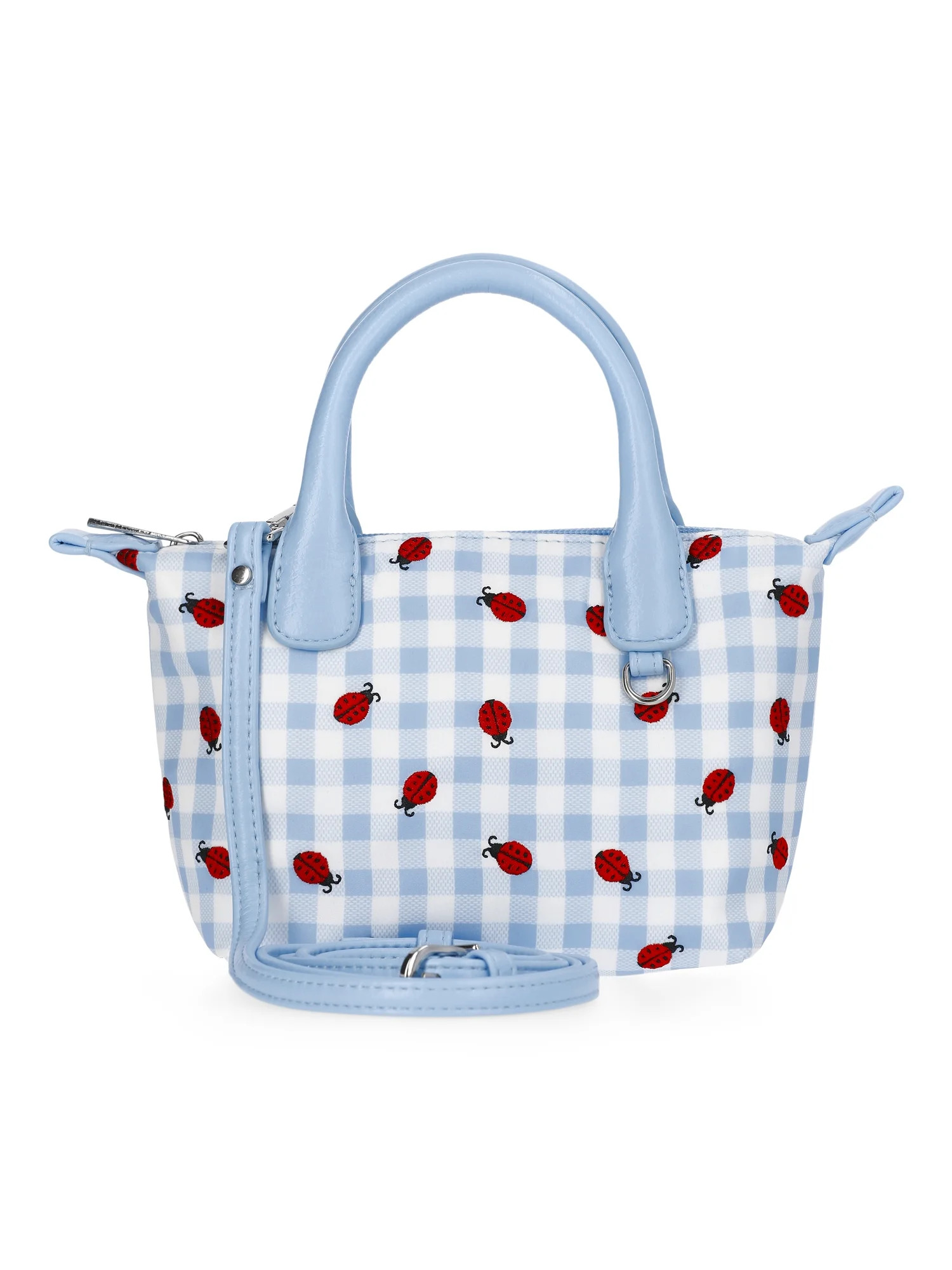 No Boundaries Women's Mini Tote Crossbody Bag, Sky Gingham with Ladybug Embroidery | Walmart (US)