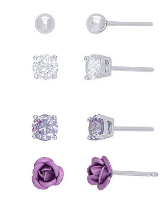 Ball, Clear, Cubic Zirconia and Rose Stud 4-Piece Earrings Set in Fine Silver Plate | Macy's
