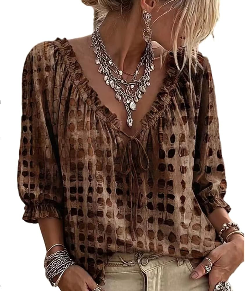 Womens Polka Dot Lace up Blouses 3/4 Sleeve V Neck Peasant Top Abstract Geometric Print Flowy Sum... | Amazon (US)