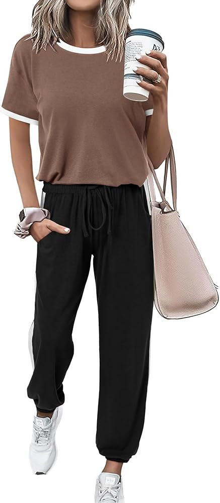 MASCOMODA Womens 2 Piece Outfits 2026 Summer Tracksuit Sets Short Sleeve Tops Travel Long Pants J... | Amazon (US)
