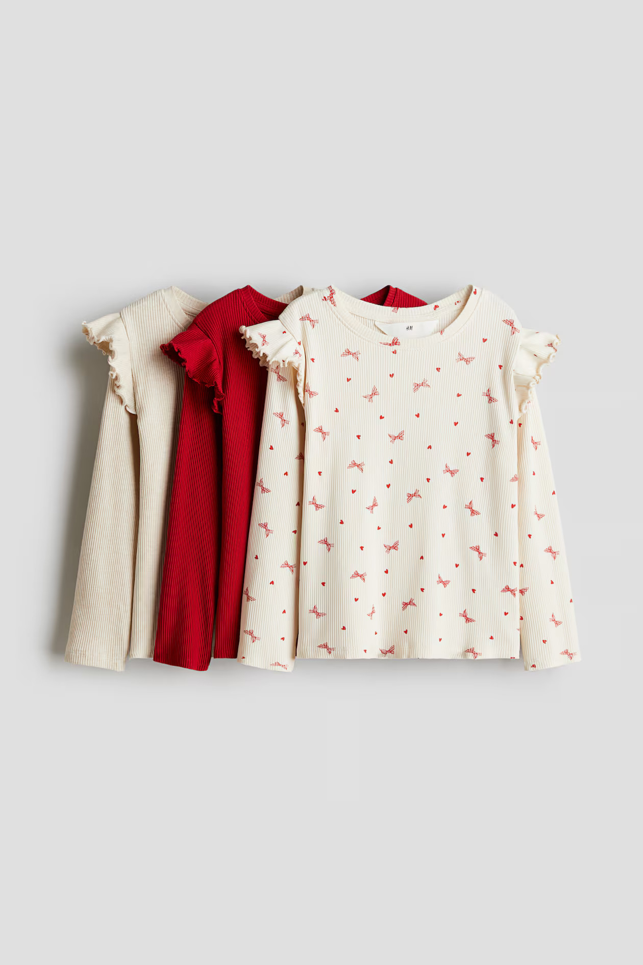 3-pack Ruffle-Trimmed Jersey Tops - Cream/bows - Kids | H&M US | H&M (US + CA)