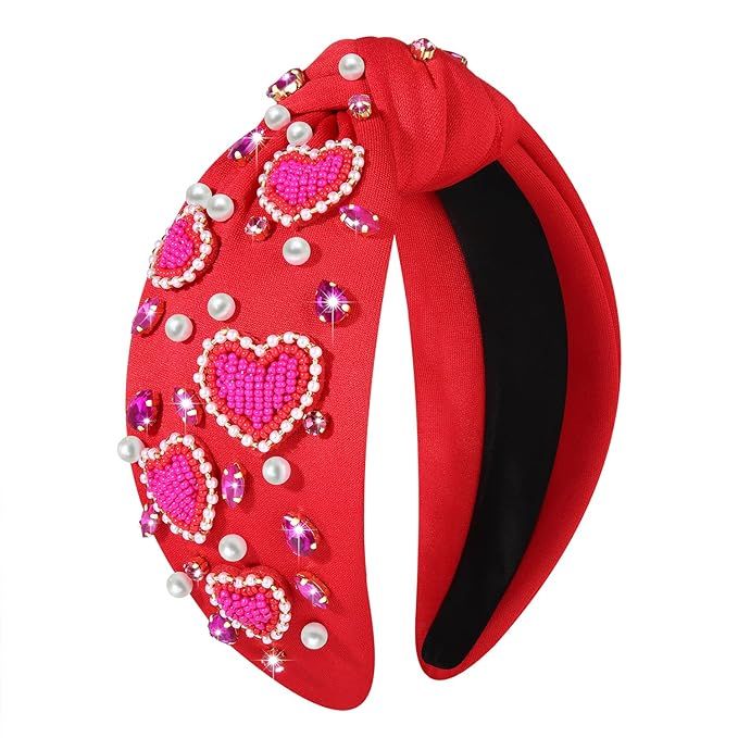 CEALXHENY Valentine’s Day Headbands Accessories for Women Hot Pink Beaded Heart Headband Heart ... | Amazon (US)