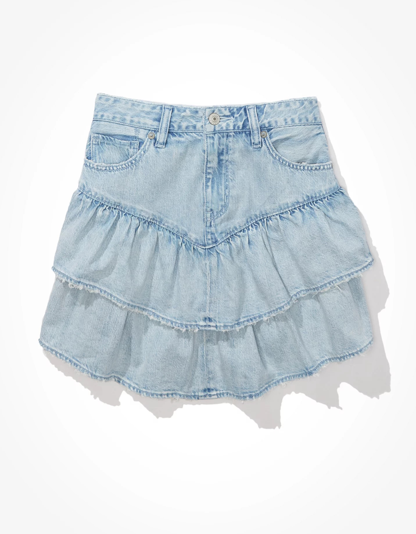 AE Super High-Waisted Tiered Denim Skirt | American Eagle Outfitters (US & CA)