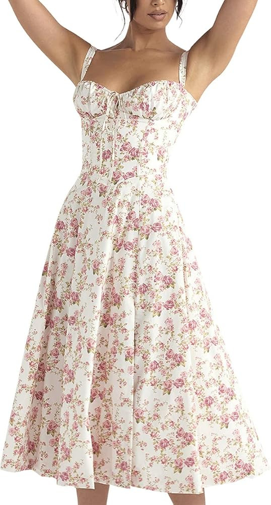Women Floral Corset Dress, Boho Summer Spaghetti Straps Square Neck Casual Midi Dress Flowy Slit ... | Amazon (US)