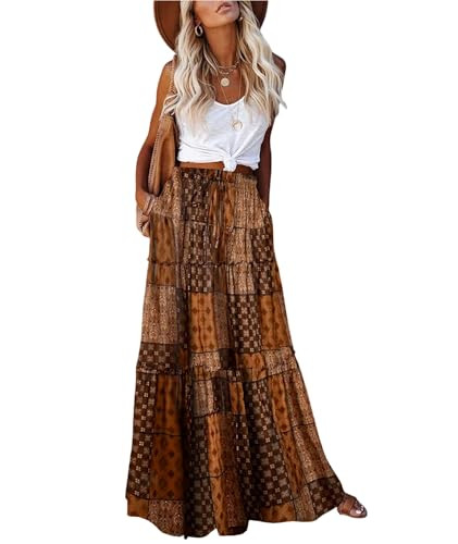 EARKOHA Trendy Lightweight Drawstring Tiered Ruffles Paisley Hippie Plus Size Bohemian Long Maxi Skirt with Deep Pockets for Office Music Festival Travel Picnic Dating Fall Outfits Brown Boho L | Amazon (US)