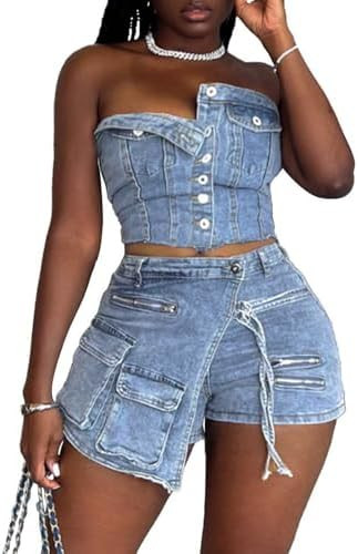 Molilove Women's Denim 2 Piece Outfits Button Tube Top and Cargo Shorts with Pockets Summer Sexy ... | Amazon (US)