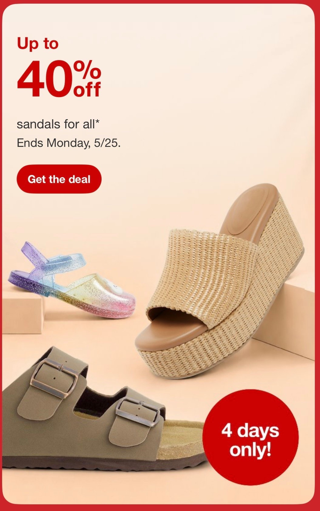 Up to 40% off sandals @Target 🎯

#LTKootd #LTKSaleAlert #LTKTravel