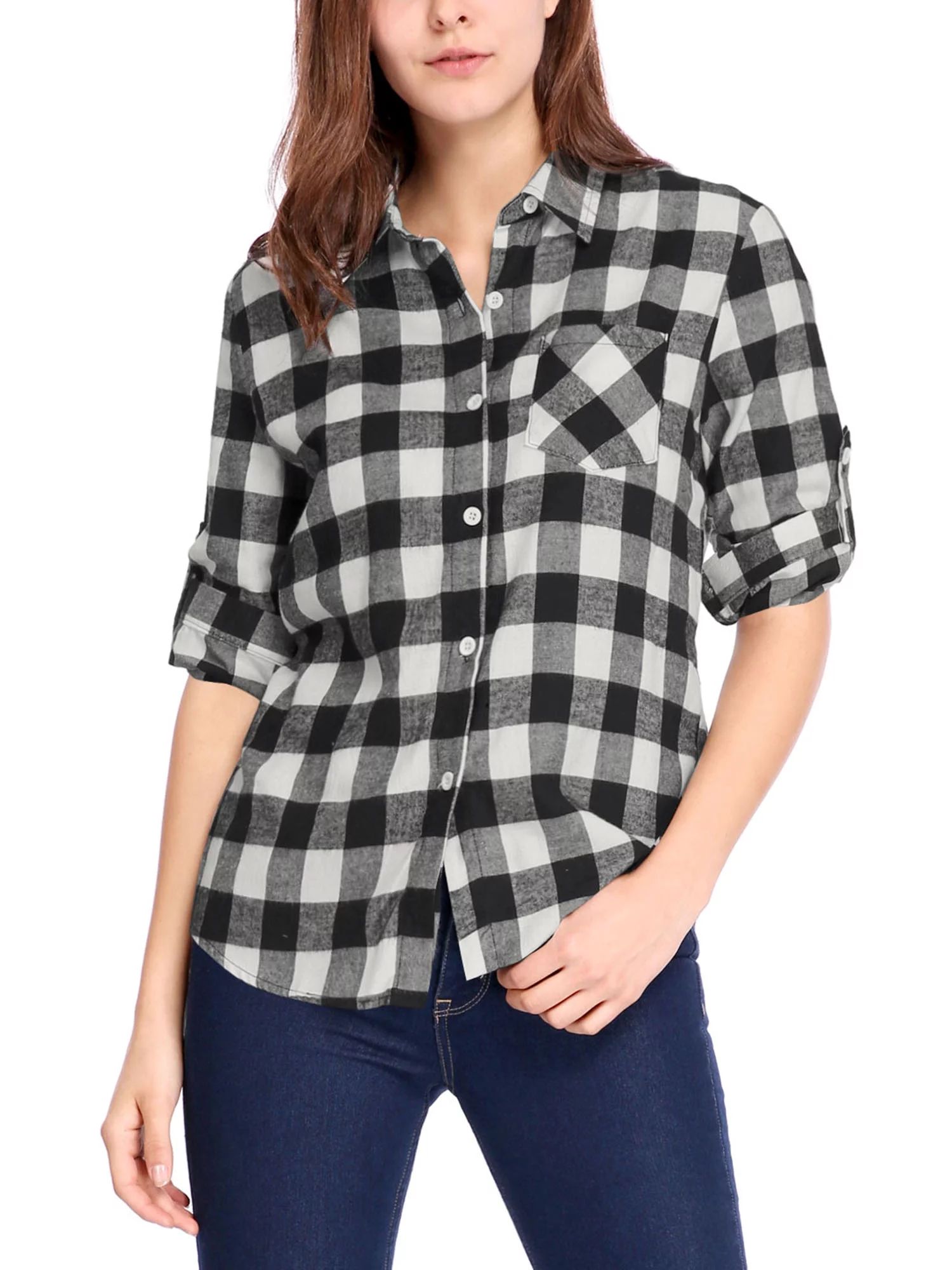 Women's Roll Up Sleeves Buttoned Boyfriend Plaids Shirt | Walmart (US)