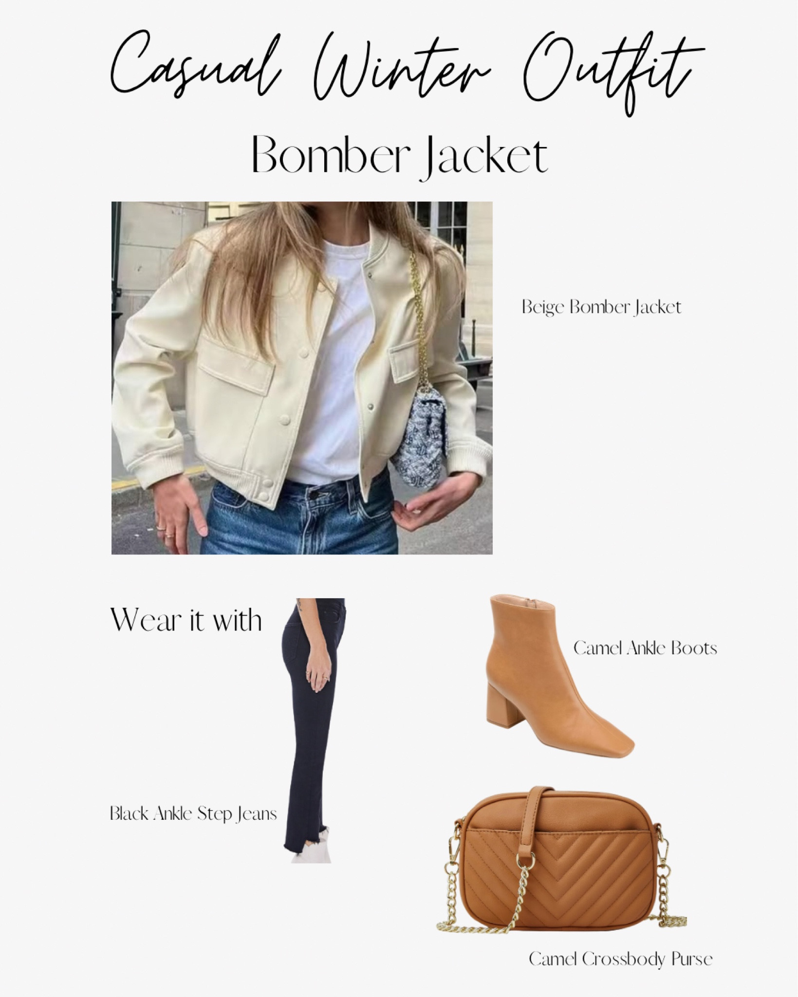 I’m loving the bomber jacket look for this winter. This one comes in a beautiful cream color. I also have a black fur line one I’ll share another day! Wear this beauty with black ankle jeans, camel booties, and a camel crossbody bag! This look is comfy, chic, and simple to achieve! 

#LTKover40 #LTKstyletip #LTKfindsunder100
