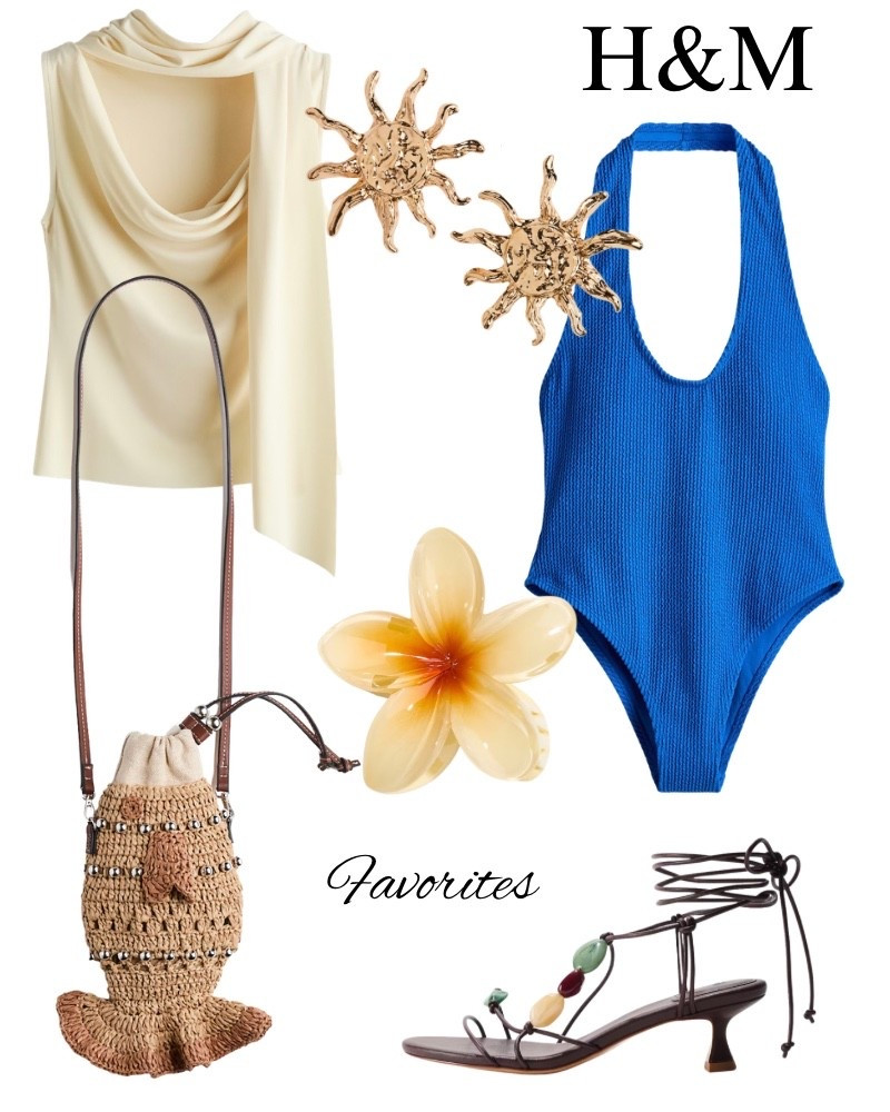 H&M has so many beautiful things on the website right now. Blue one piece, swimsuit, scarf, blouse, fish, purse, claw clip, Sunburst, earrings, beaded heels, spring, summer.

#LTKootd #LTKSeasonal