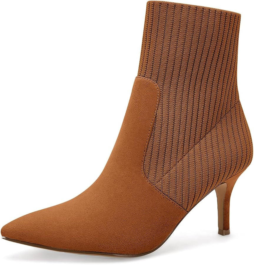 Coutgo Women's Pointed Toe Ankle Boots Stiletto Kitten Heel Knit Faux Suede Winter Sock Booties | Amazon (US)