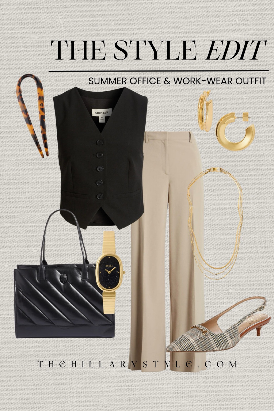 The Style Edit: Summer Office & Work-Wear Outfit. Linen vest, vest top, black vest, trousers, wide leg pants, kitten heel slingback pumps, tote bag, laptop bag, hair clip, chignon clip, gold watch, layered necklace set, gold hoops. Nordstrom, Open Edit, Sam Edelman, Jenny Bird, Kurt Geiger, Tasha, BREDA.

#LTKWorkwear #LTKStyleTip #LTKxNSale
