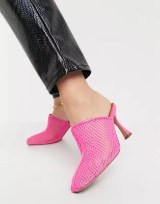 ASOS DESIGN Sian mesh mid heeled mules in pink | ASOS (Global)