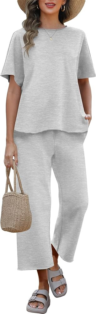 ANRABESS Women's 2 Piece Outfits 3/4 Batwing Sleeve Top Wide Leg Crop Pants Sets 2025 Summer Beac... | Amazon (US)