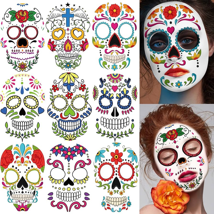 PADOUN Day of the Dead Sugar Skull Face Tattoos, 9-Sheet Halloween Temporary Fake Tattoos Day of ... | Amazon (US)