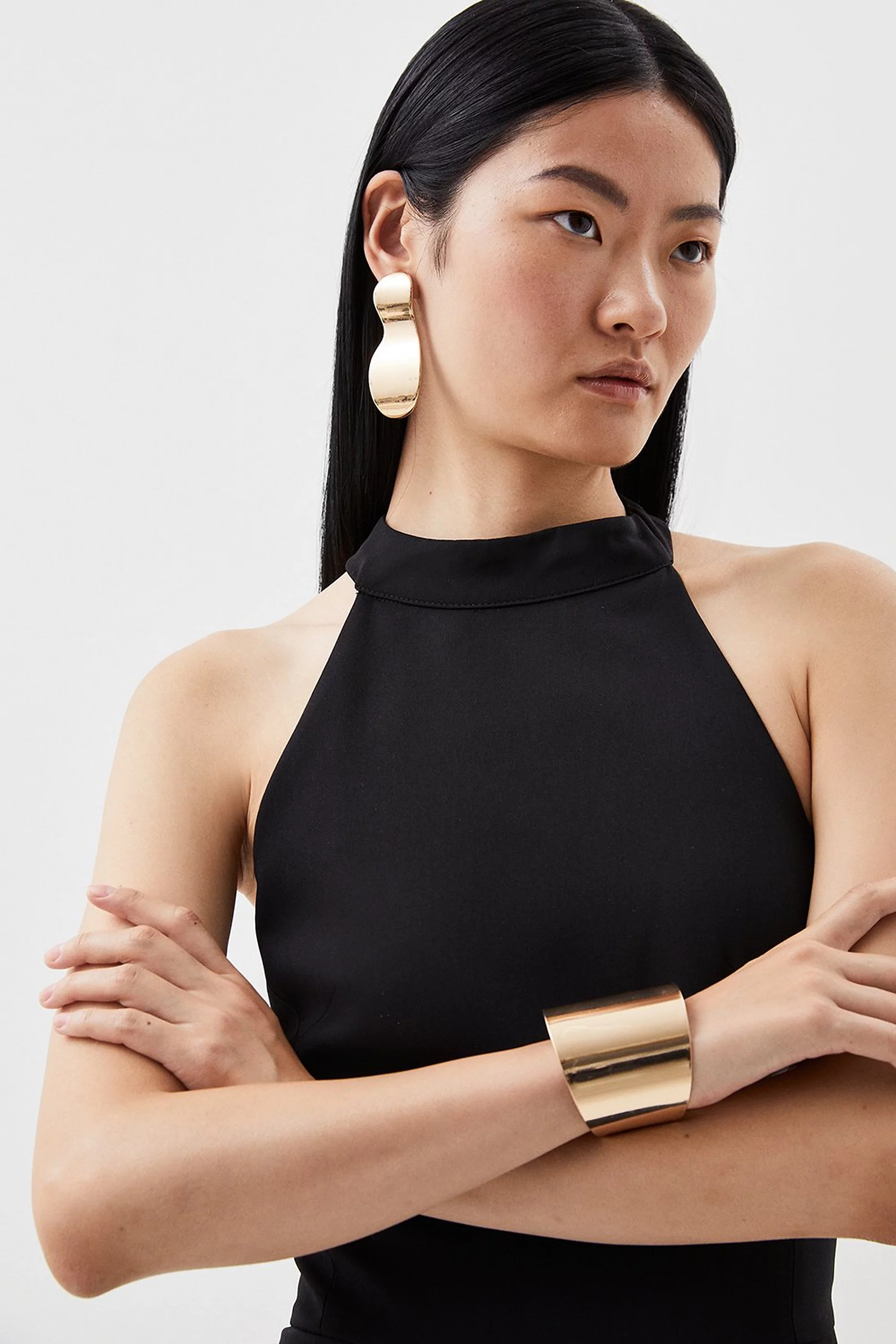 Soft Tailored Waterfall Hem High Neck Midi Dress | Karen Millen UK + IE + DE + NL