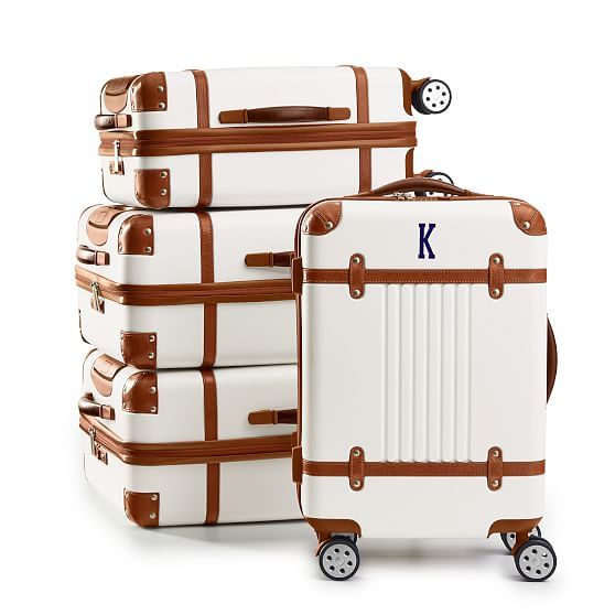 Terminal 1 Family Luggage Set, White Base-Brown Leather | Mark and Graham