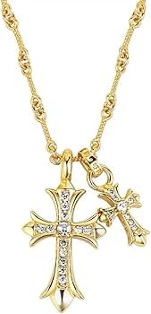 SHUYUBABA Double Cross Vintage Celtic Rhinestone Cross Long Pendant Necklace Choker Necklace 14K ... | Amazon (US)