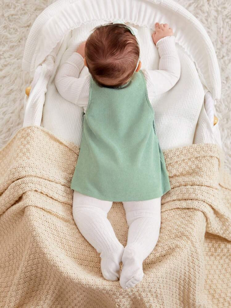 SHEIN Newborn Baby Girl Round Neck Sleeveless Front Button Embroidered Simple Casual Dress | SHEIN