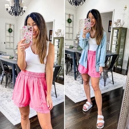 Free People poplin shorts, pink shorts 

Wearing xs. Run big 

#LTKunder100 #LTKsalealert