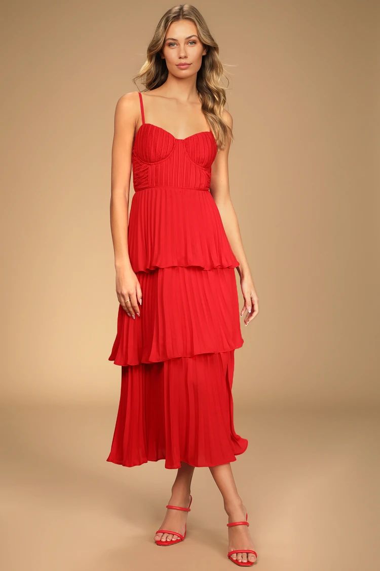 Cascading Crush Red Tiered Bustier Midi Dress | Lulus