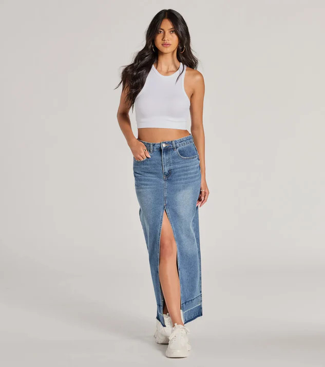 Coolest Vibe High Slit Denim Maxi Skirt | Windsor Stores