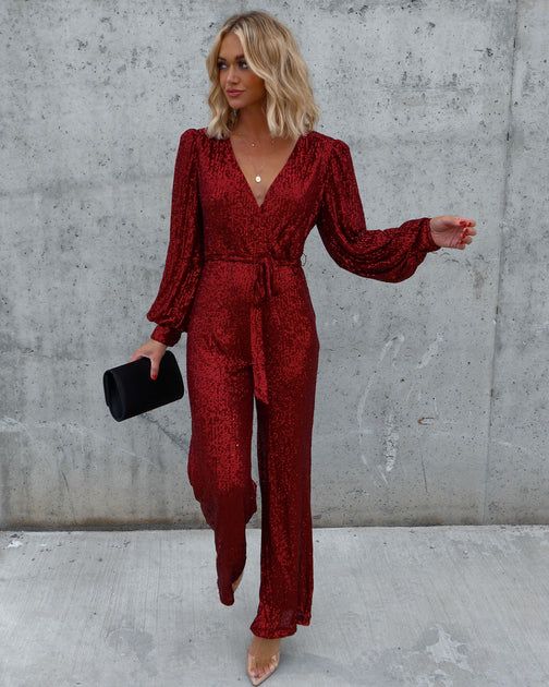 Whole New World Sequin Front Tie Jumpsuit - Burgundy | VICI Collection